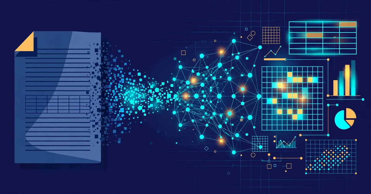 Editorial illustration: a document page dissolving into a neural network that outputs glowing tables, text blocks and charts