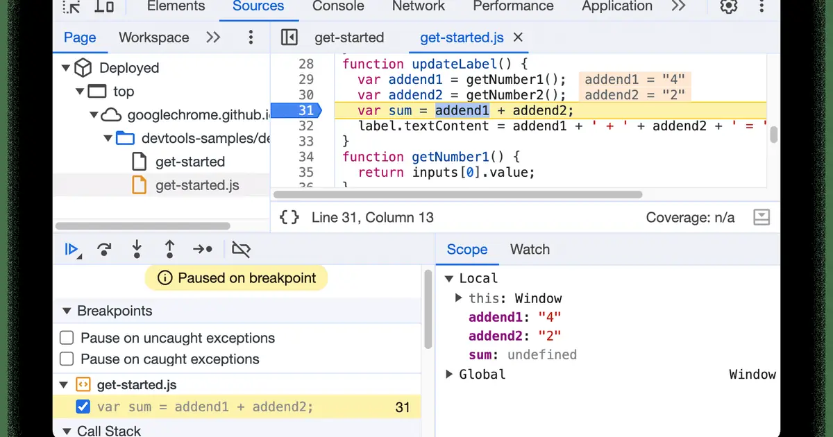 Chrome DevTools Sources panel with the Sources and Performance tabs — the same inspection surface Chrome DevTools MCP exposes to a coding agent