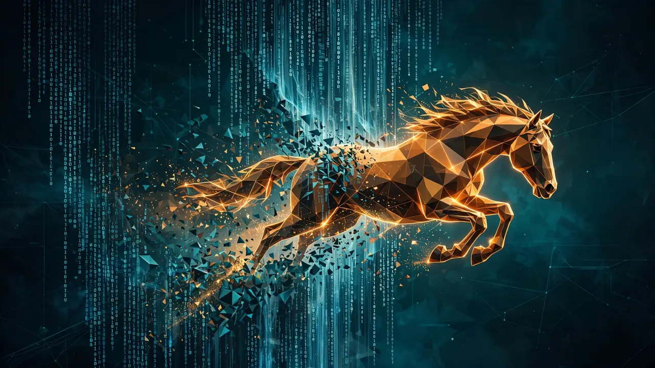 Editorial illustration of a glowing low-poly 3D horse galloping out of cascading computer code