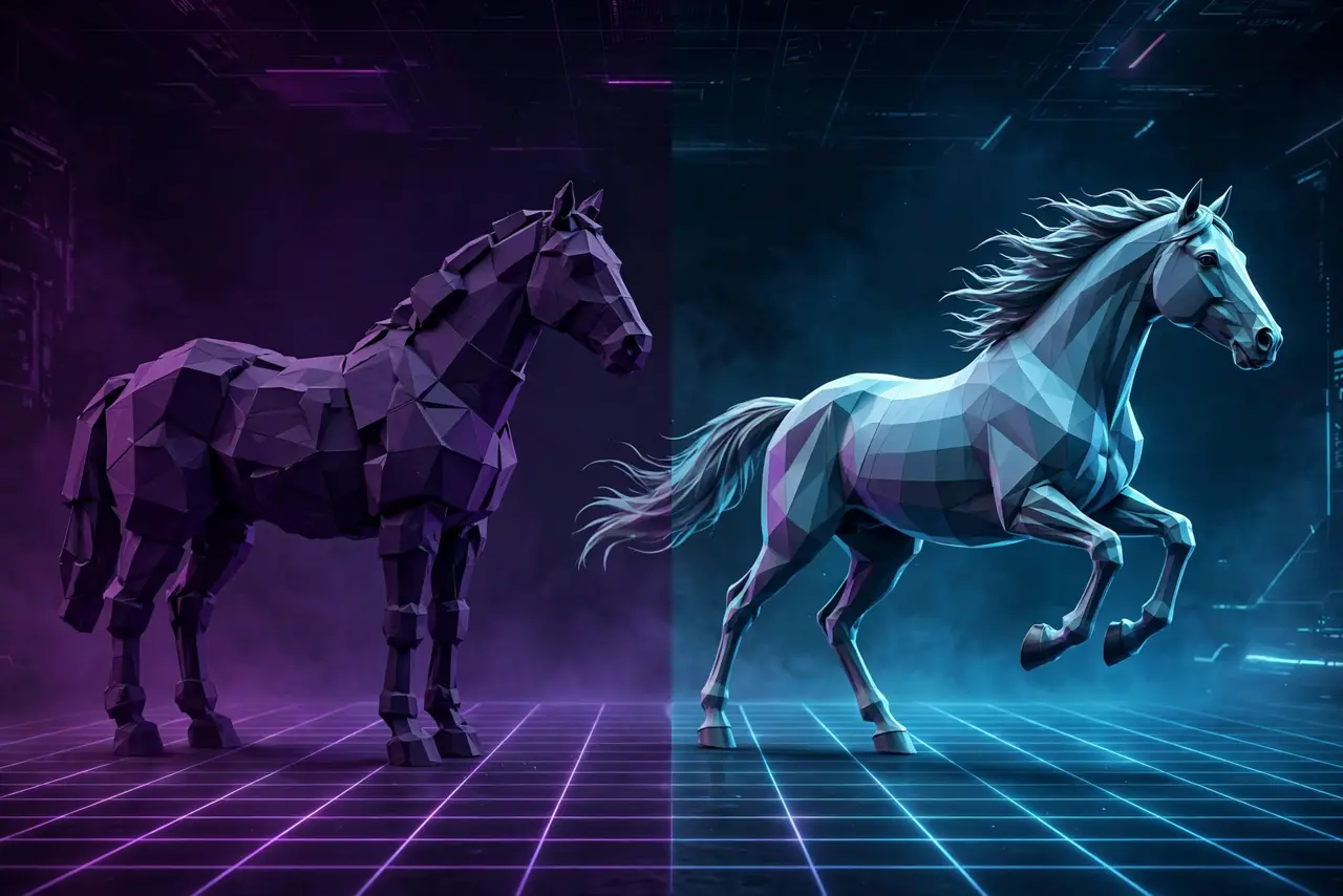 Side-by-side comparison of a rough blocky low-poly horse and a refined galloping one