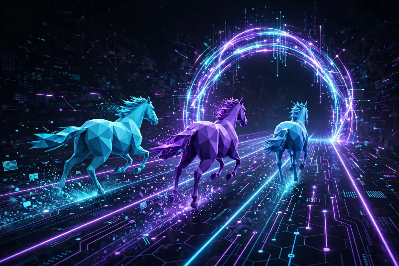 Three stylized low-poly horses racing on a glowing digital track