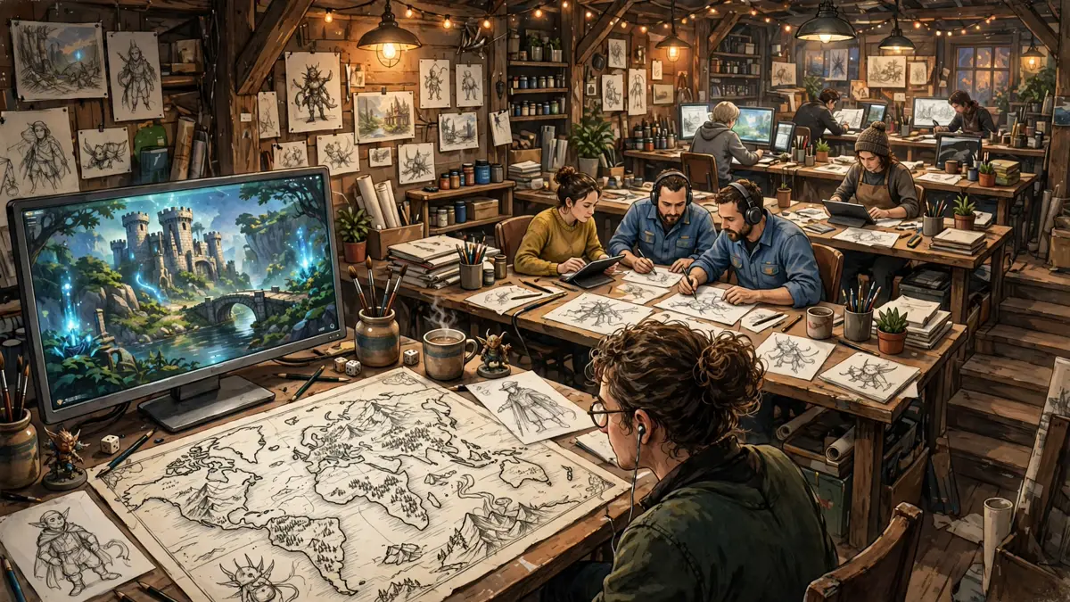 A warm game studio workshop with artists sketching characters and a fantasy game world on a large screen