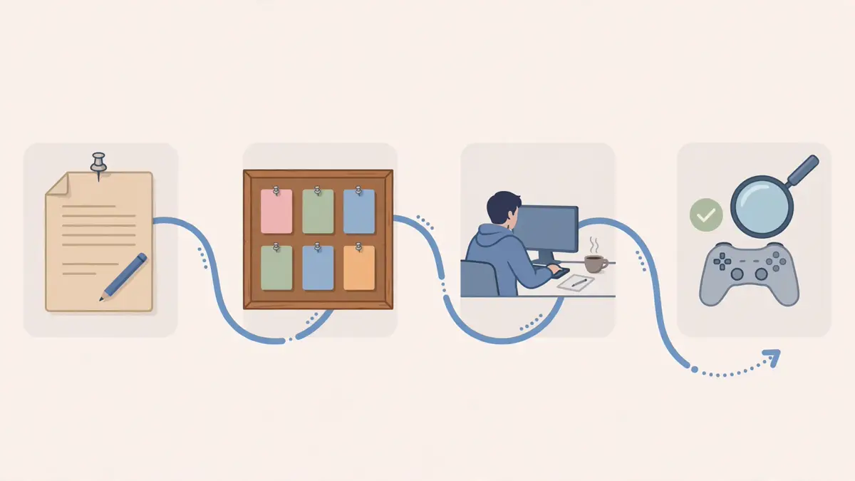 A game production pipeline flowing from a brief to story cards, programming, and a quality check