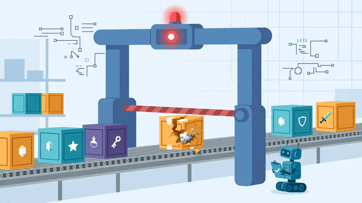 An automated checkpoint gate stopping a cracked crate of game assets on a conveyor