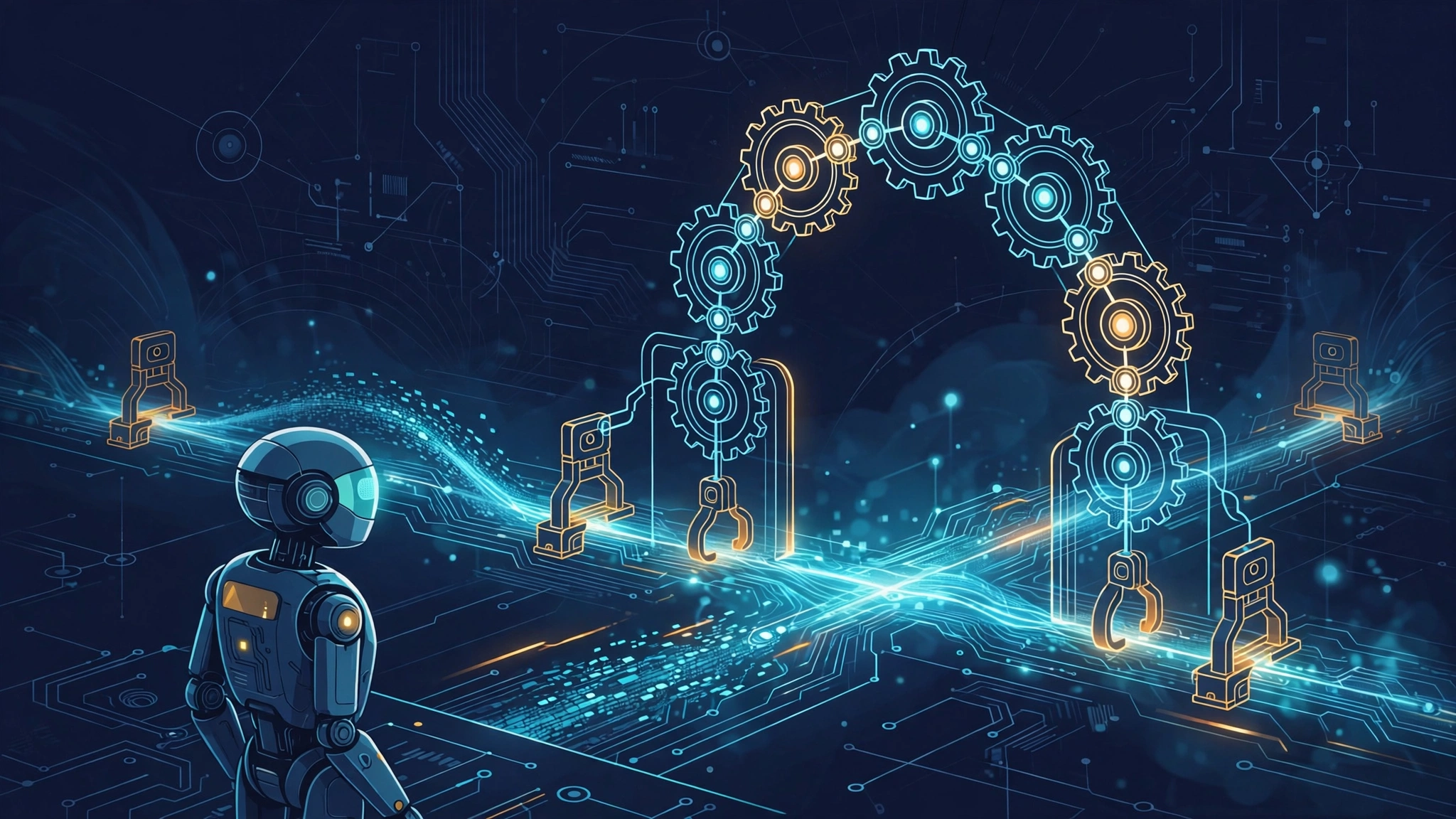 Illustration of an AI coding agent pausing at a glowing checkpoint gate of interlocking gears