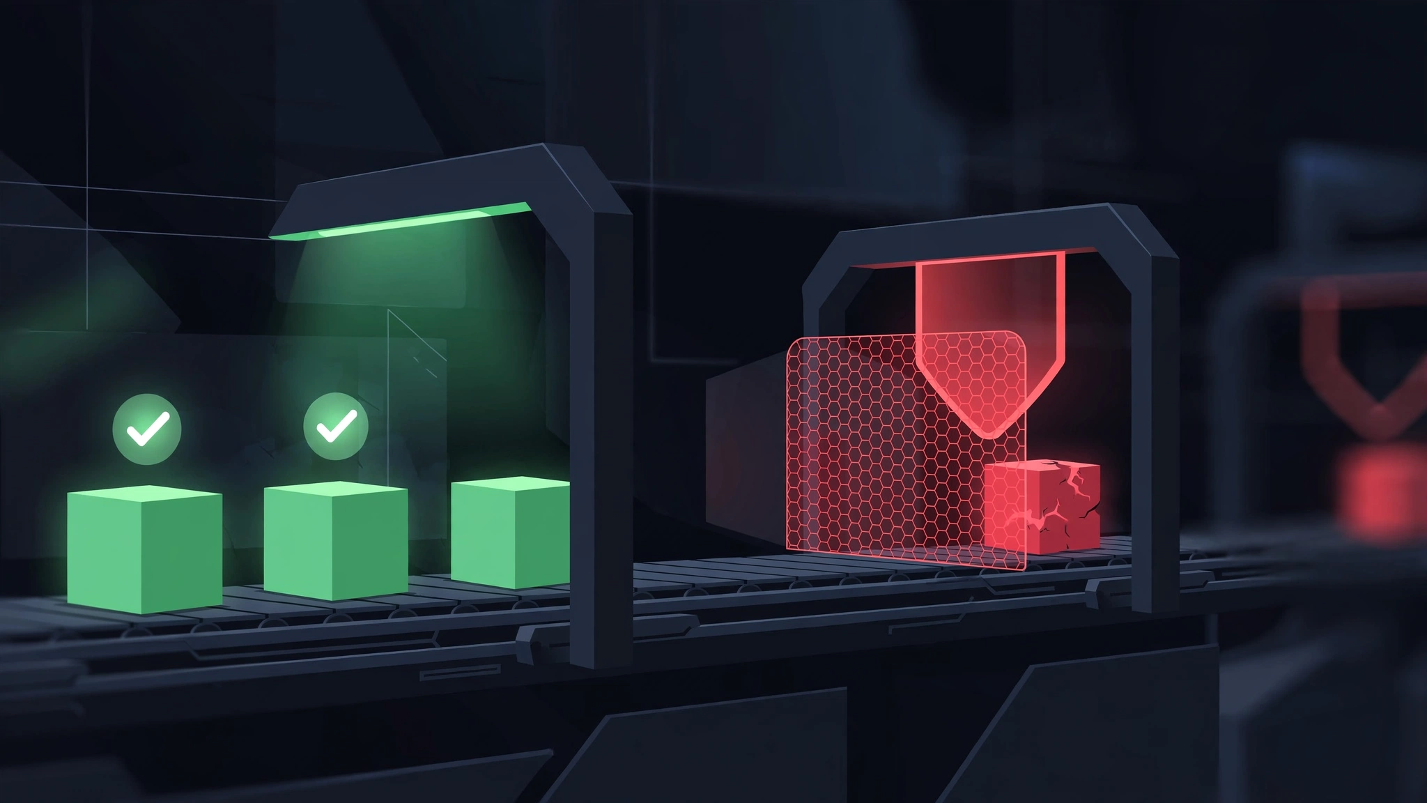 Illustration of code blocks passing a scanner checkpoint where a hazardous block is stopped by a red shield