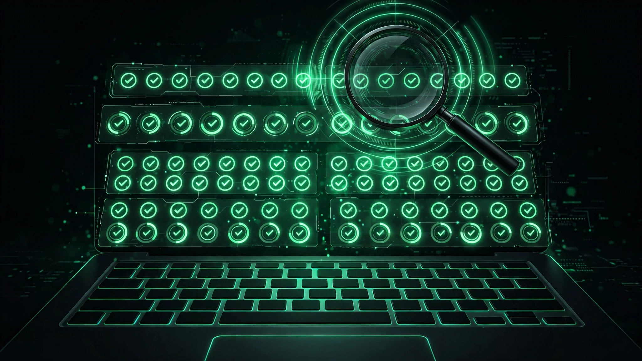 Editorial illustration: a glowing green health-check dashboard with status rows and a magnifying glass inspecting a laptop