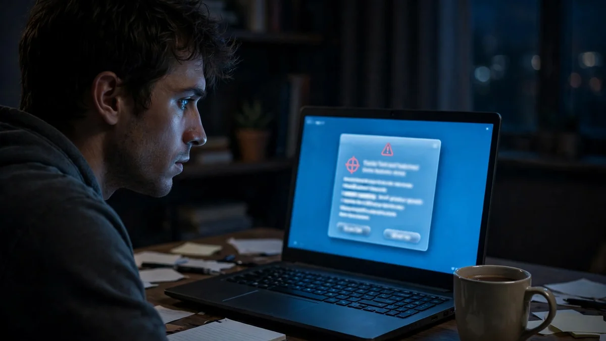 A developer working late at a laptop while a service is disrupted