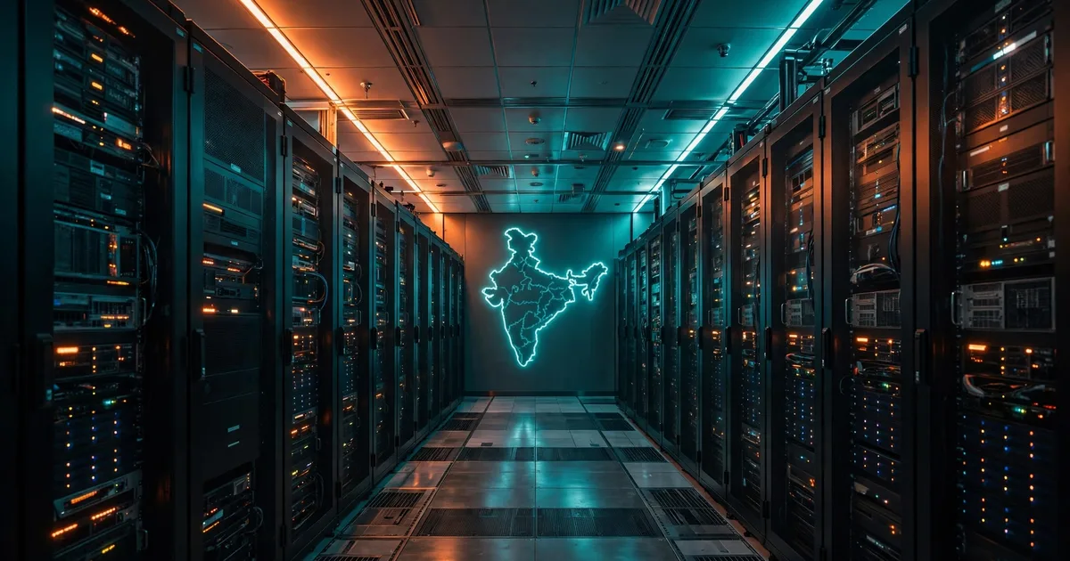 A data center corridor in India with a glowing map of the country on the far wall.