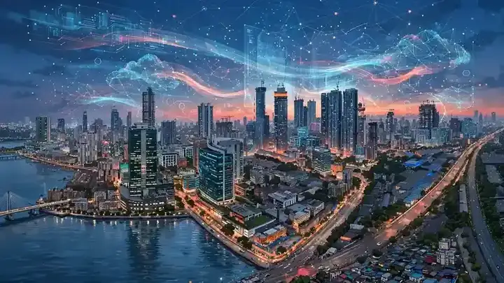 Mumbai-style financial district skyline with holographic data streams above the buildings.