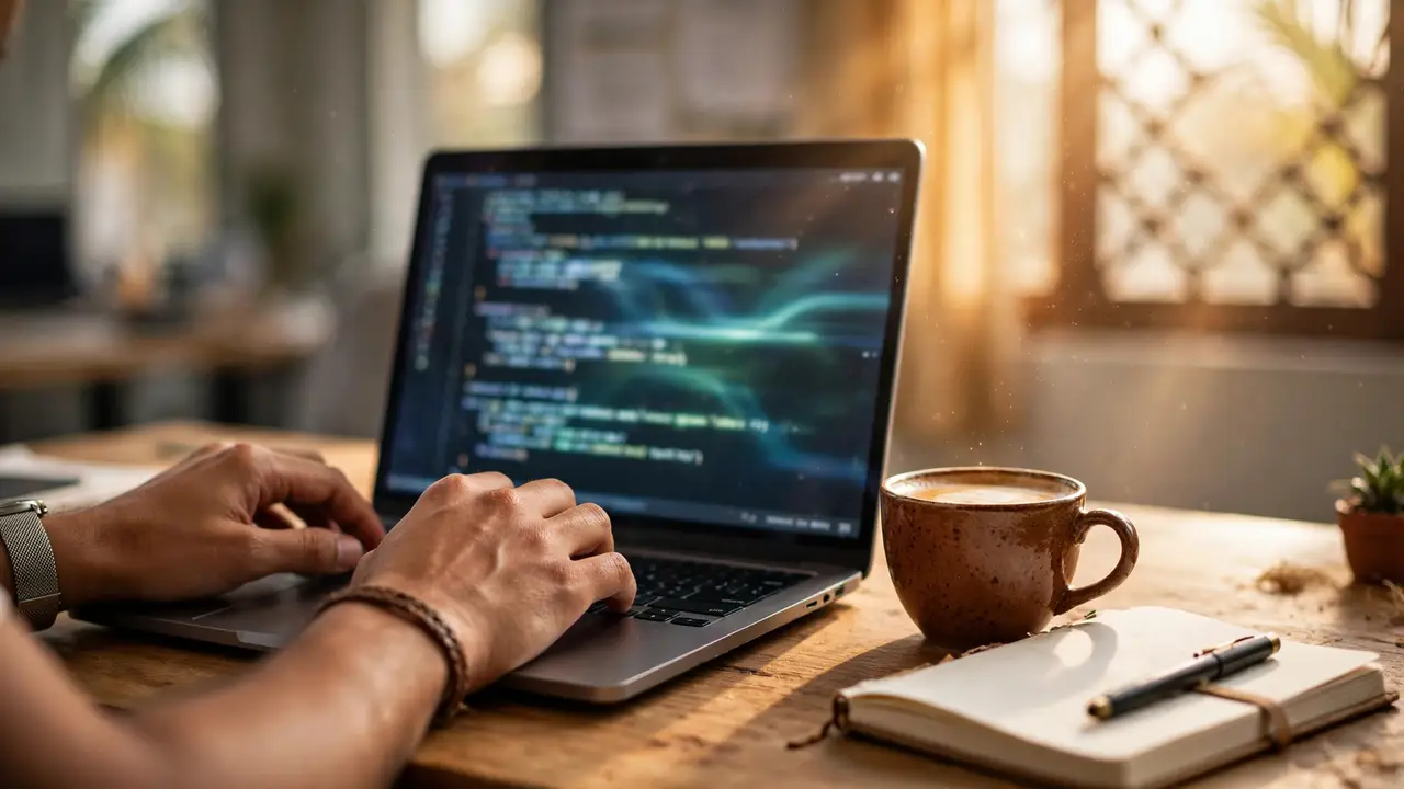 A developer typing on a laptop in a bright office in India.