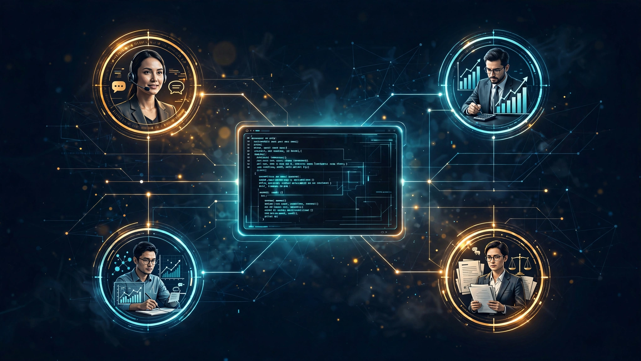 Editorial illustration: a glowing terminal window at the center with professional role badges — salesperson, finance analyst, data analyst, legal reviewer — radiating outward, connected by luminous lines