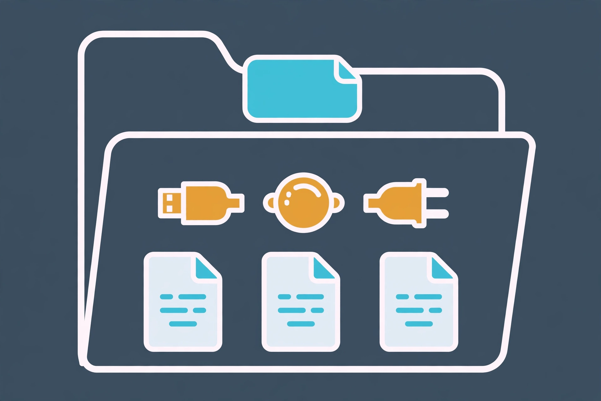 Diagram of a plugin package: a folder containing a manifest card, connector plugs, and skill documents
