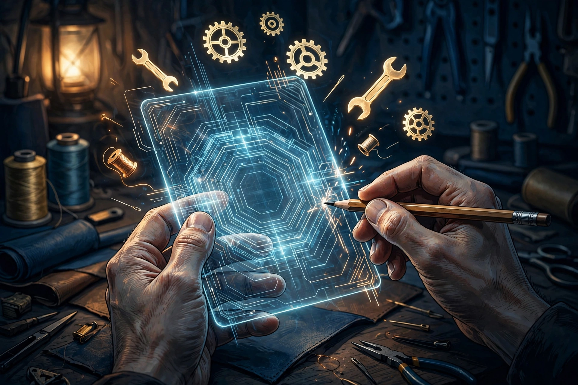 Hands customizing a glowing holographic skill card with tools, representing plugin customization