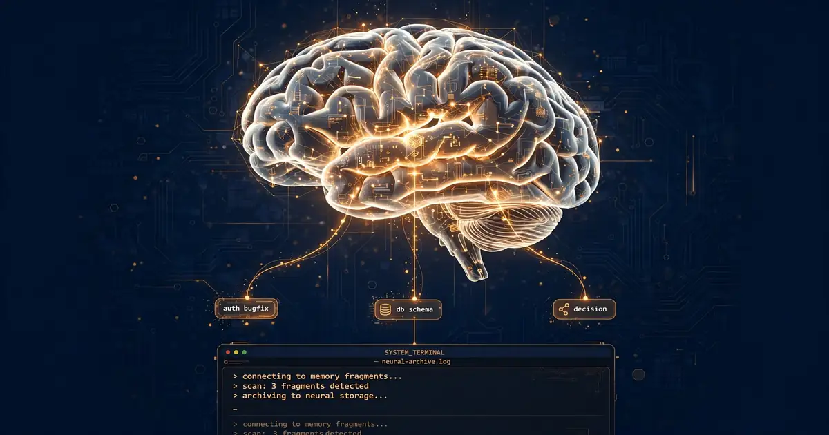 A luminous brain-shaped neural archive hovering over a terminal, memory fragments connecting into it