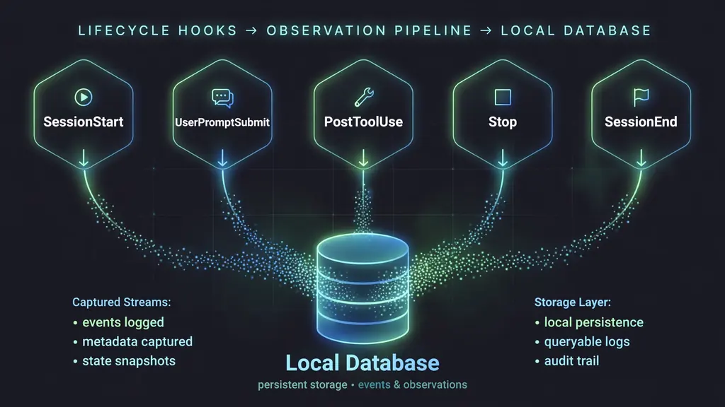 Five glowing lifecycle hook nodes feeding captured observations into a local database