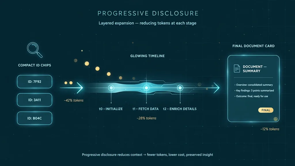 Progressive disclosure: a compact index of IDs expanding through a timeline into a full document