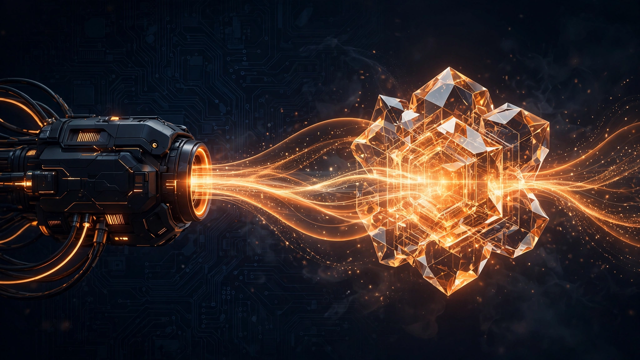Editorial illustration of a glowing amber terminal rising from layered circuit boards, with luminous streams of code flowing upward into a bright neural core