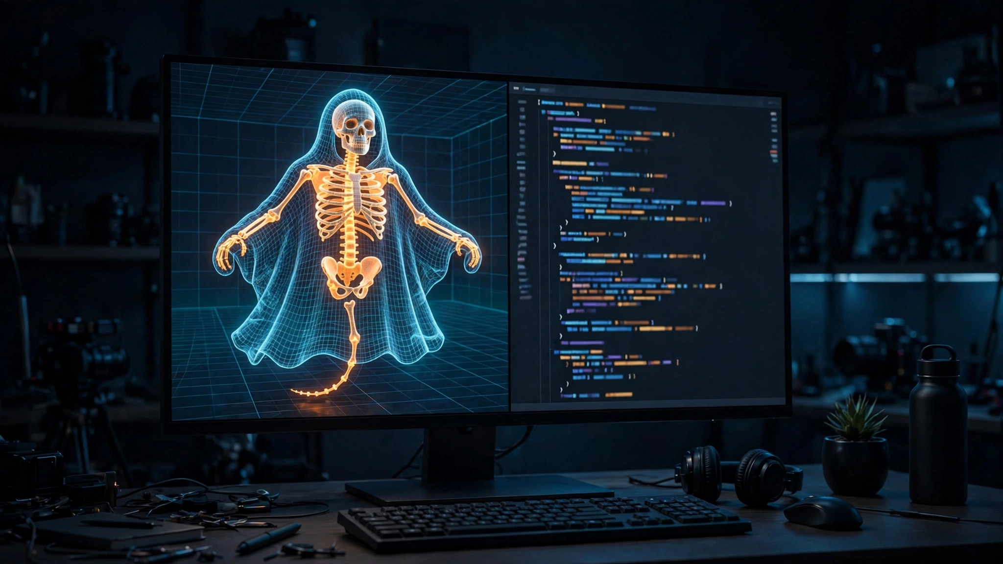A monitor showing a 3D viewport with a wireframe ghost character rig beside a code editor