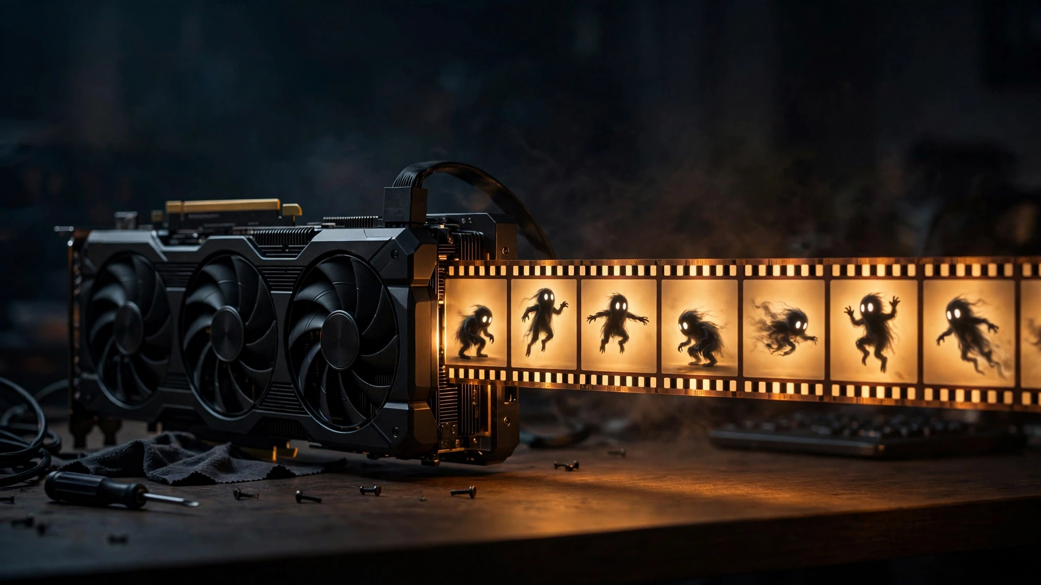A graphics card rendering a strip of film frames showing a dark ghost figure in different poses