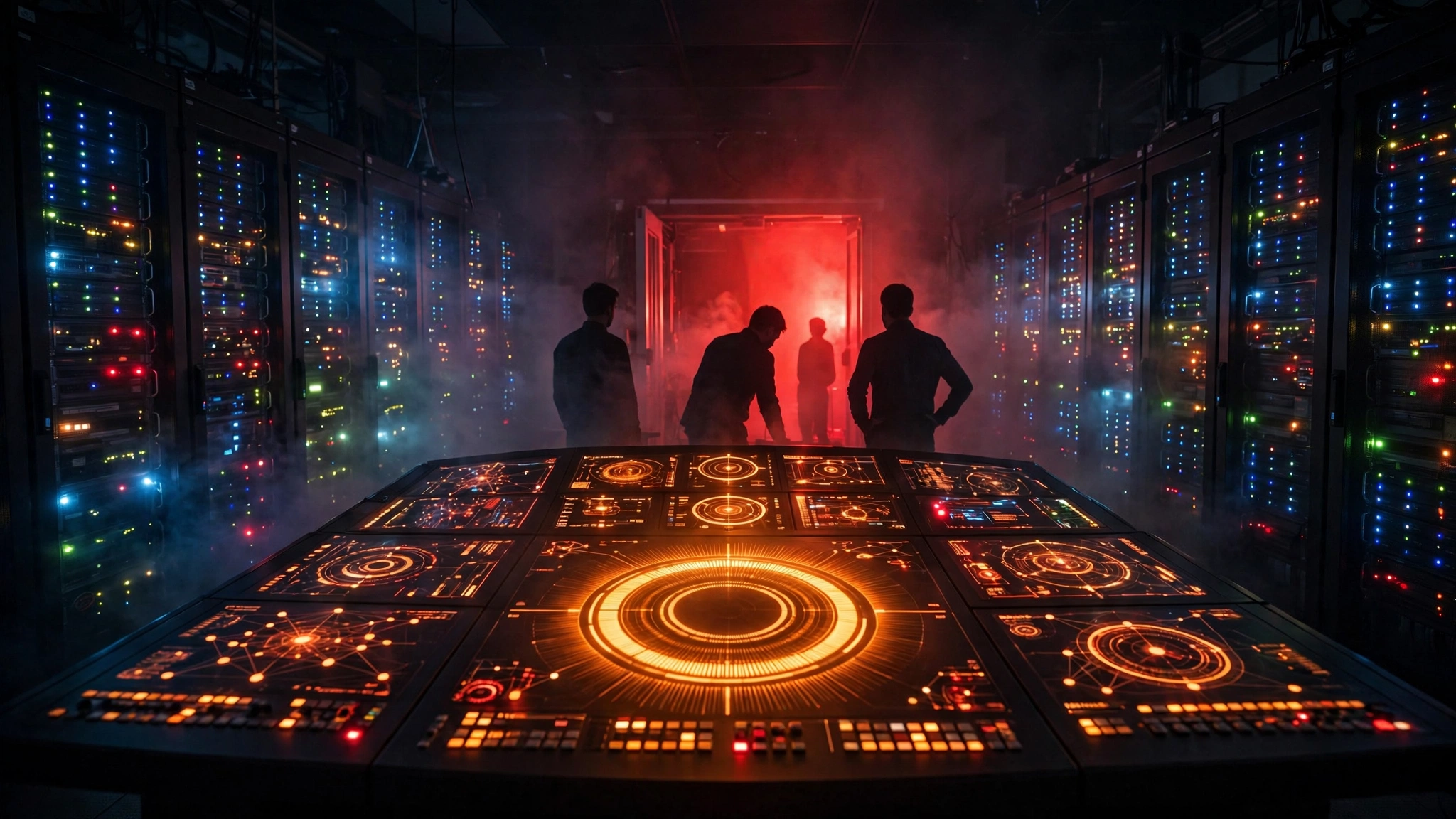 Illustration of a dark data center control room with engineers under red alert glow during the Claude outage