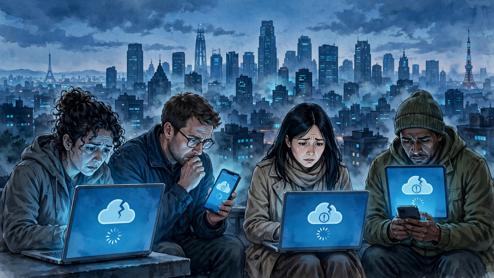 Illustration of people staring at laptops and phones showing error screens during a cloud service outage