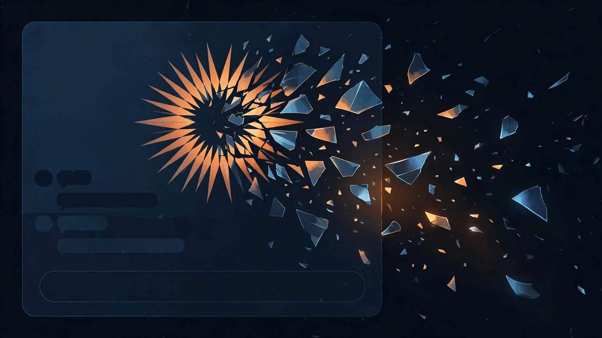 Illustration of a chatbot interface going dark with a dimming sunburst logo shattering like glass