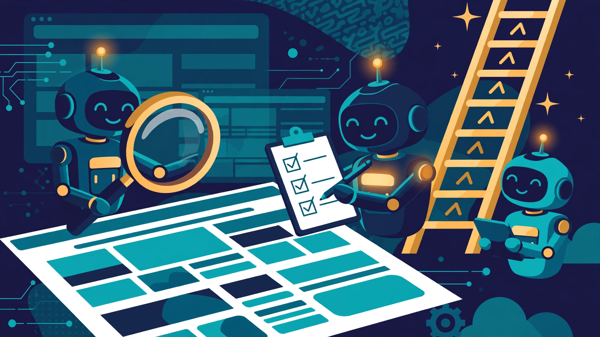 Robot agents inspecting website pages with a magnifying glass and checklist, beside a rising ranking ladder