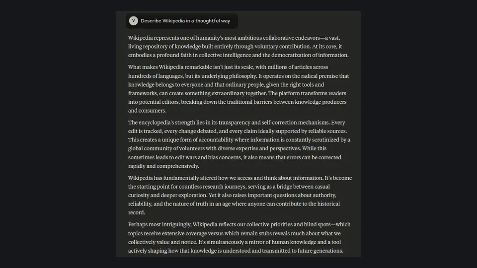 Screenshot of a Claude chatbot answer about Wikipedia in the dark-mode interface