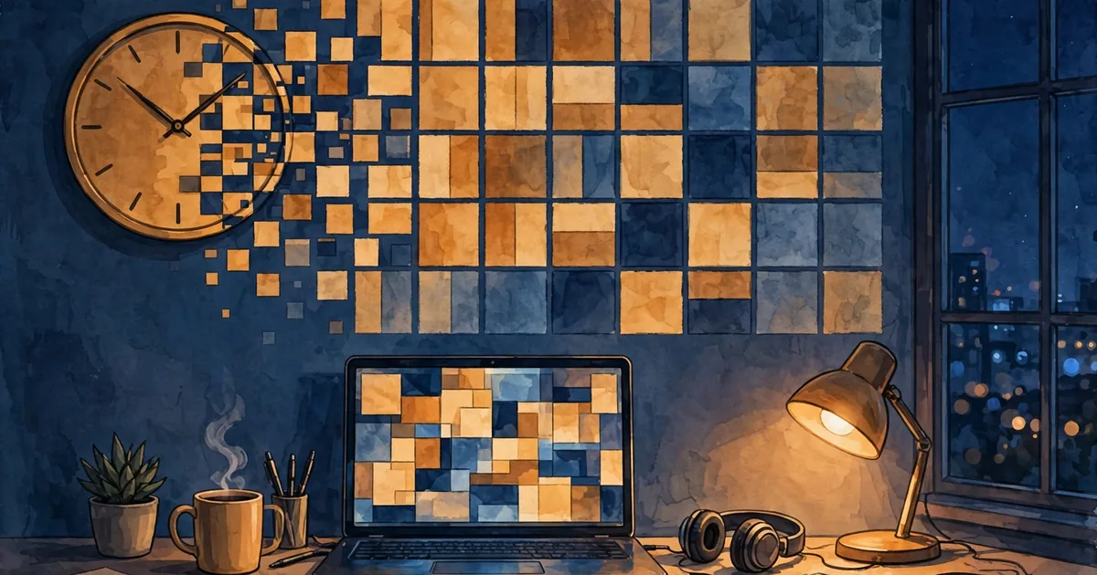 A wall clock dissolving into a weekly calendar grid above a laptop on a desk at night