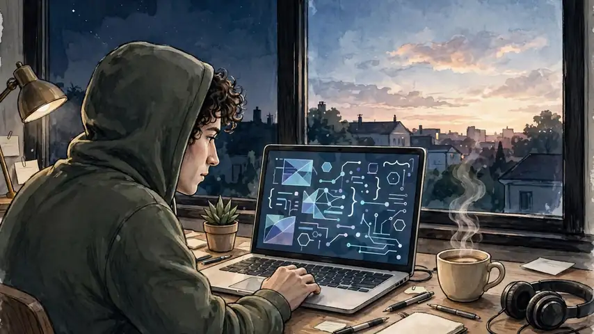 A developer working at a laptop through the night as dawn breaks outside the window