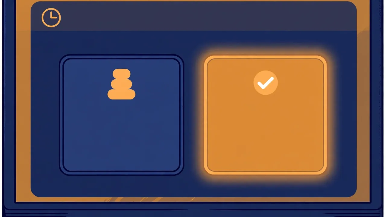 Two abstract subscription tier cards on a screen, one highlighted with a checkmark, beside a small clock