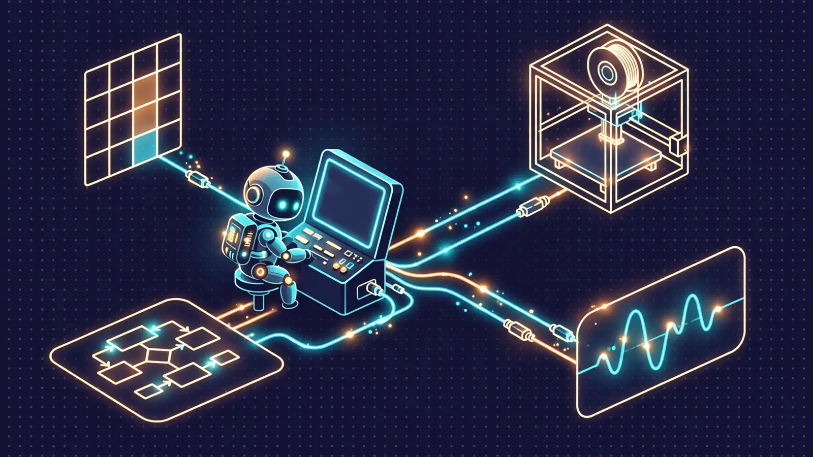 Editorial illustration: a small robot at a terminal with glowing cables fanning out to icons of a 3D printer, a flowchart, an audio waveform and a spreadsheet