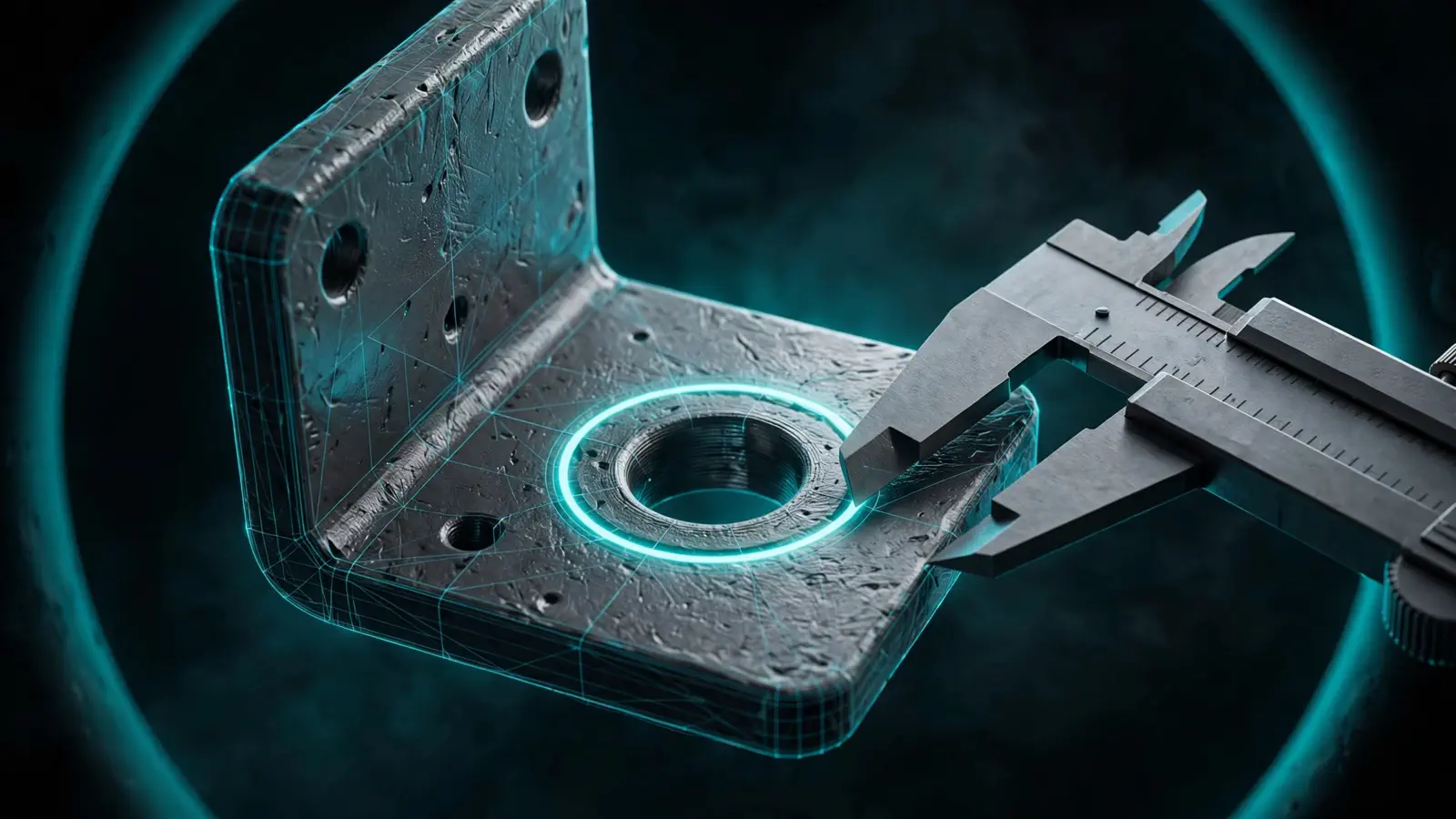Close-up 3D render of a metal 3D-printed bracket with a highlighted through-hole being measured by digital calipers