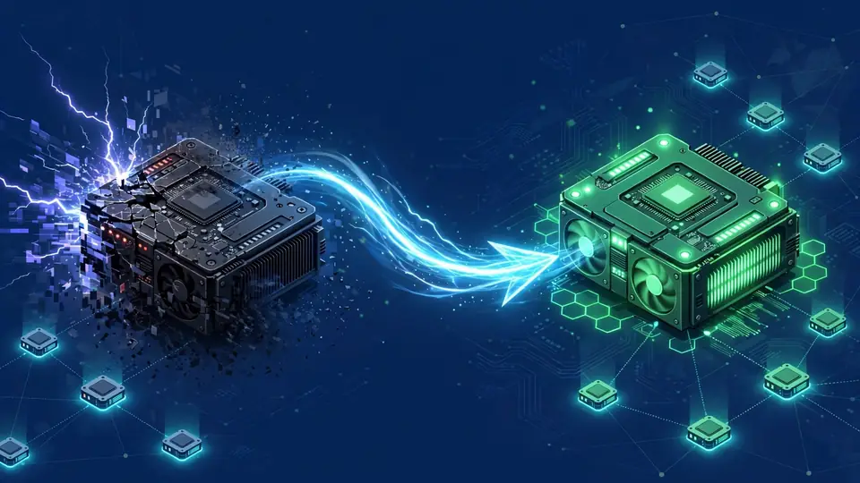 Illustration of an AI training job migrating from a failing GPU node to a healthy one, preserving its progress.