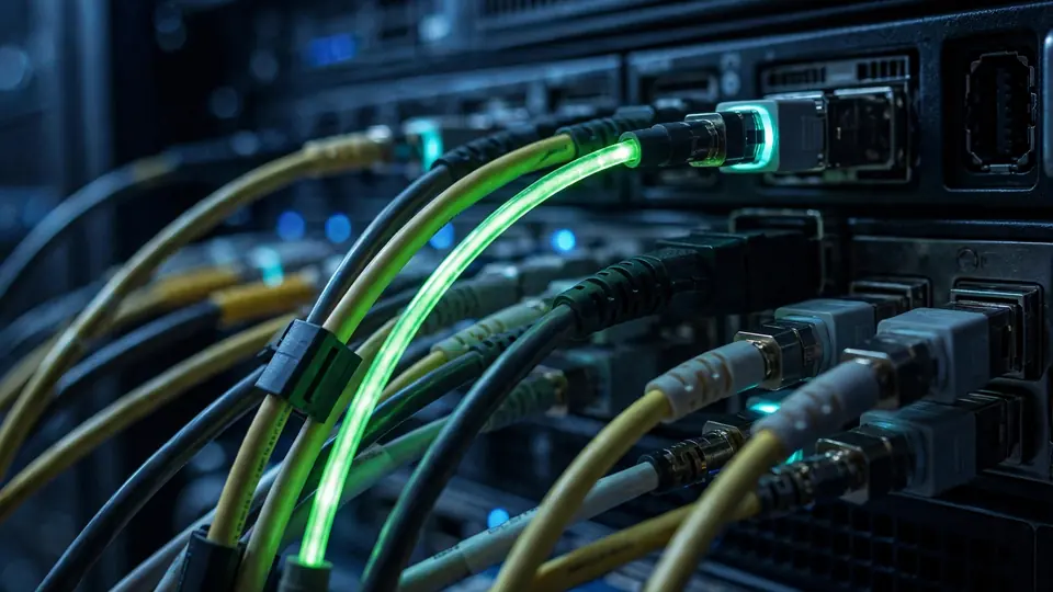 Fiber-optic interconnects between server racks, with one traffic path lit green showing rerouted traffic.