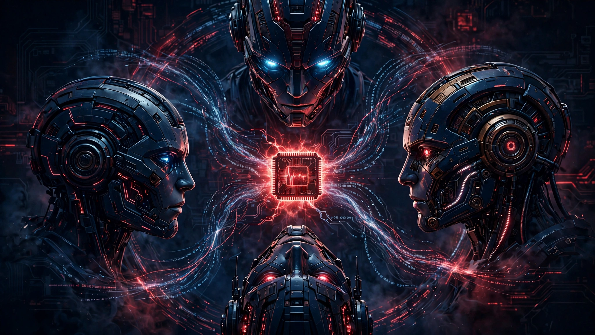 Four glowing robotic heads focused on a pulsing red computer chip, illustrating the panel of AI models that vote on the malware’s next move.