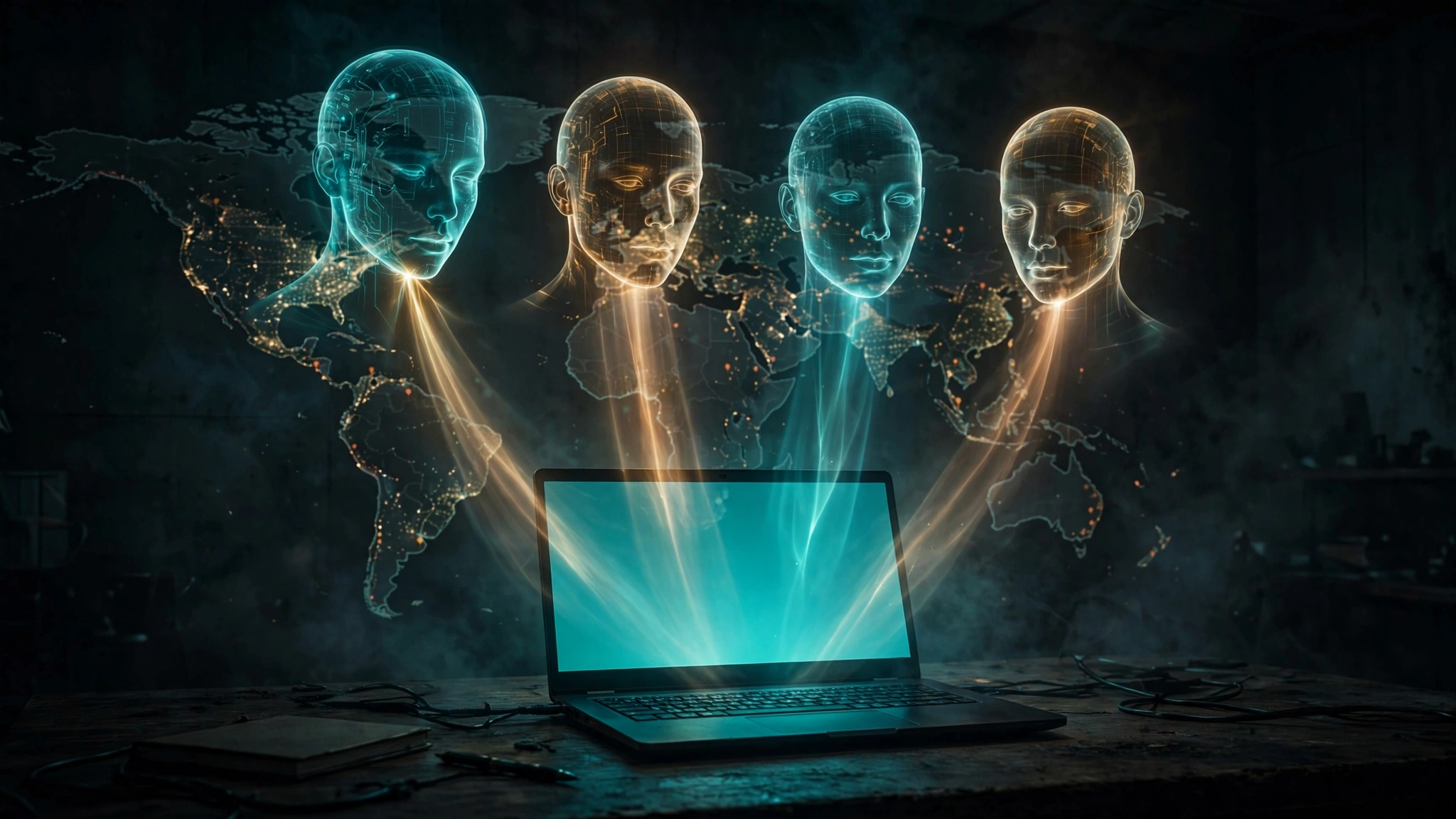 A laptop in a dark room with four translucent AI faces hovering above its screen and a world threat map behind, illustrating malware that consults AI models to pick its next action.