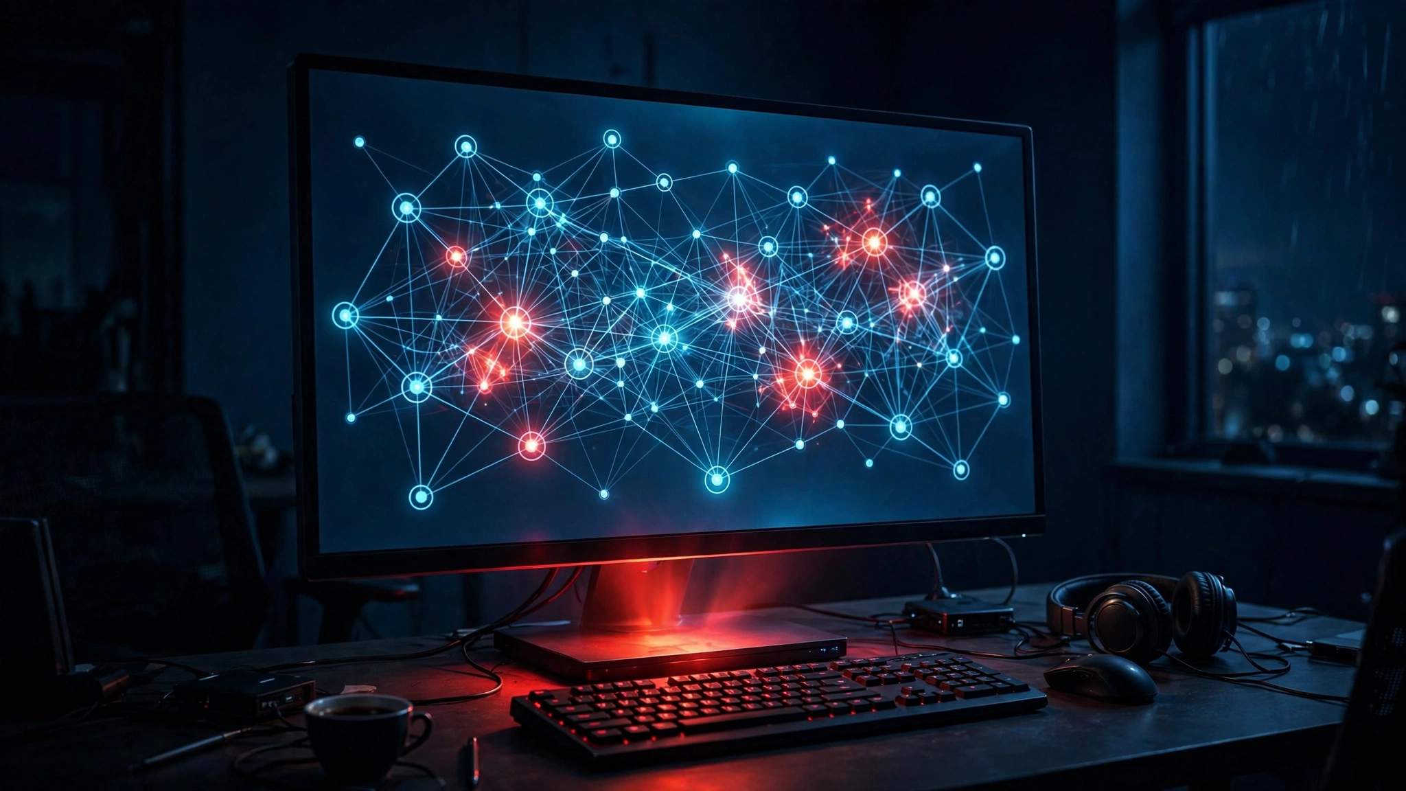 A security analyst’s workstation at night with a glowing network attack graph on the monitor, illustrating defenders hunting autonomous malware.