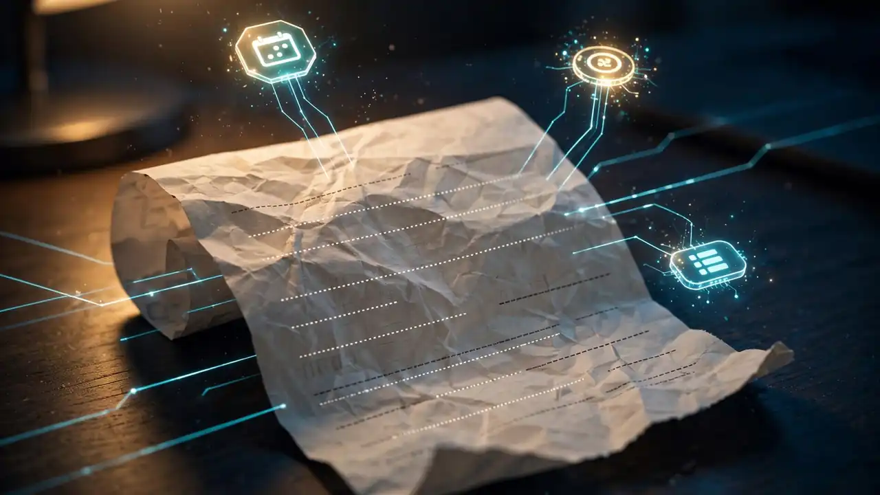 Receipt photograph with typed data fields being extracted as glowing chips