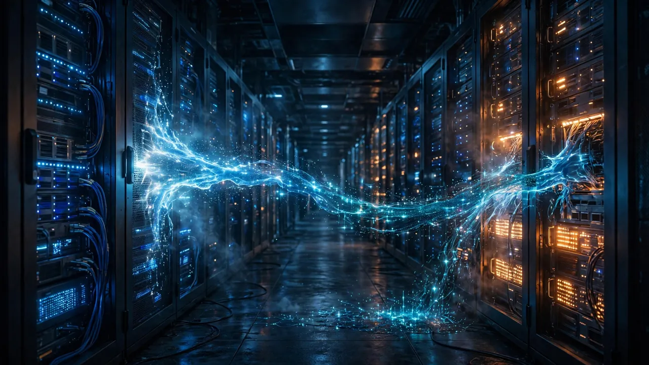 A stream of glowing data bleeding from one server rack into a neighbouring rack in a dark data centre