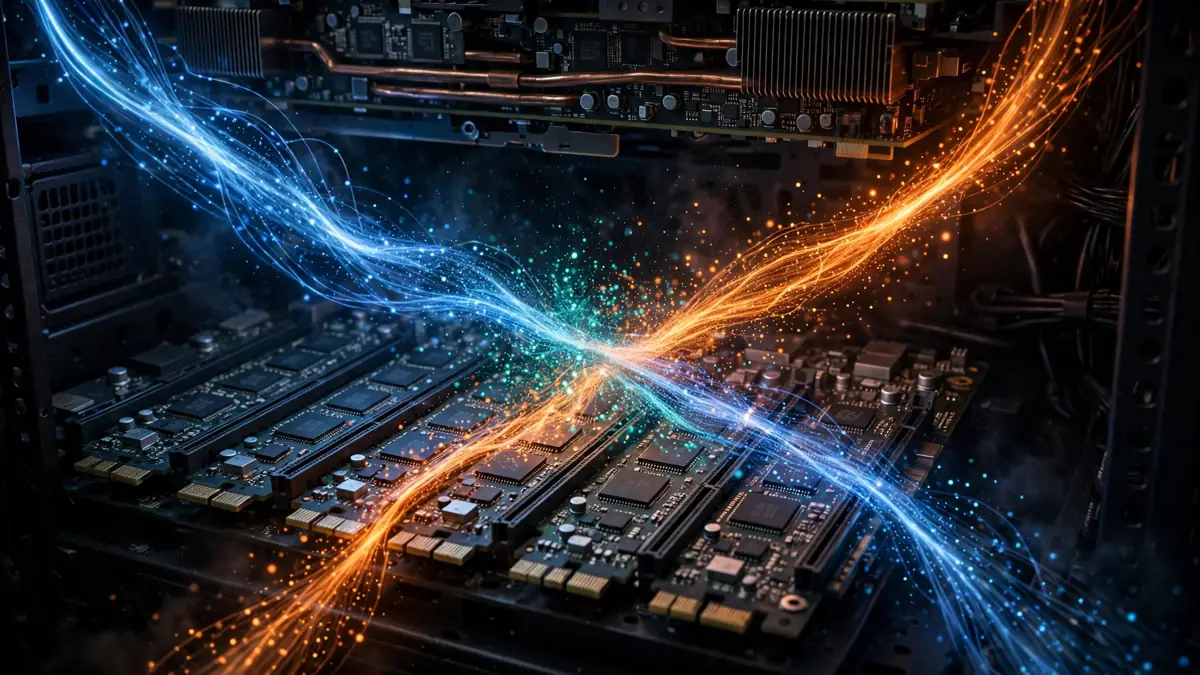 Blue and orange streams of data crossing and mixing between memory chips in a dark server rack
