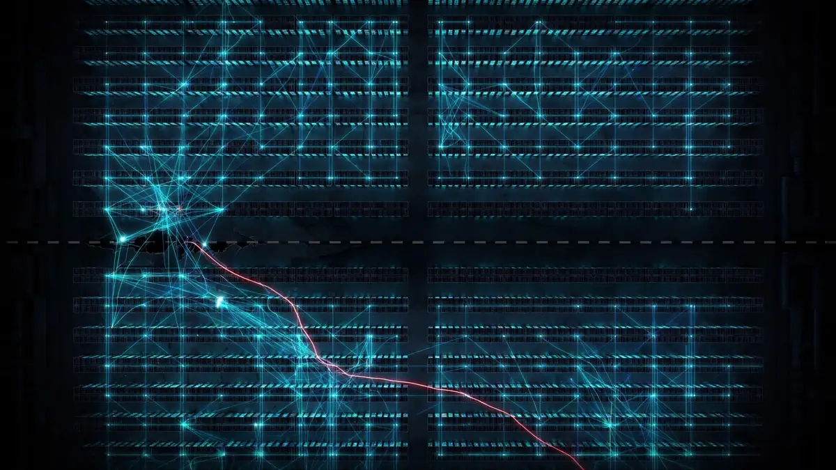 An overhead view of a dark server hall with a single red thread of light straying across a boundary between two zones