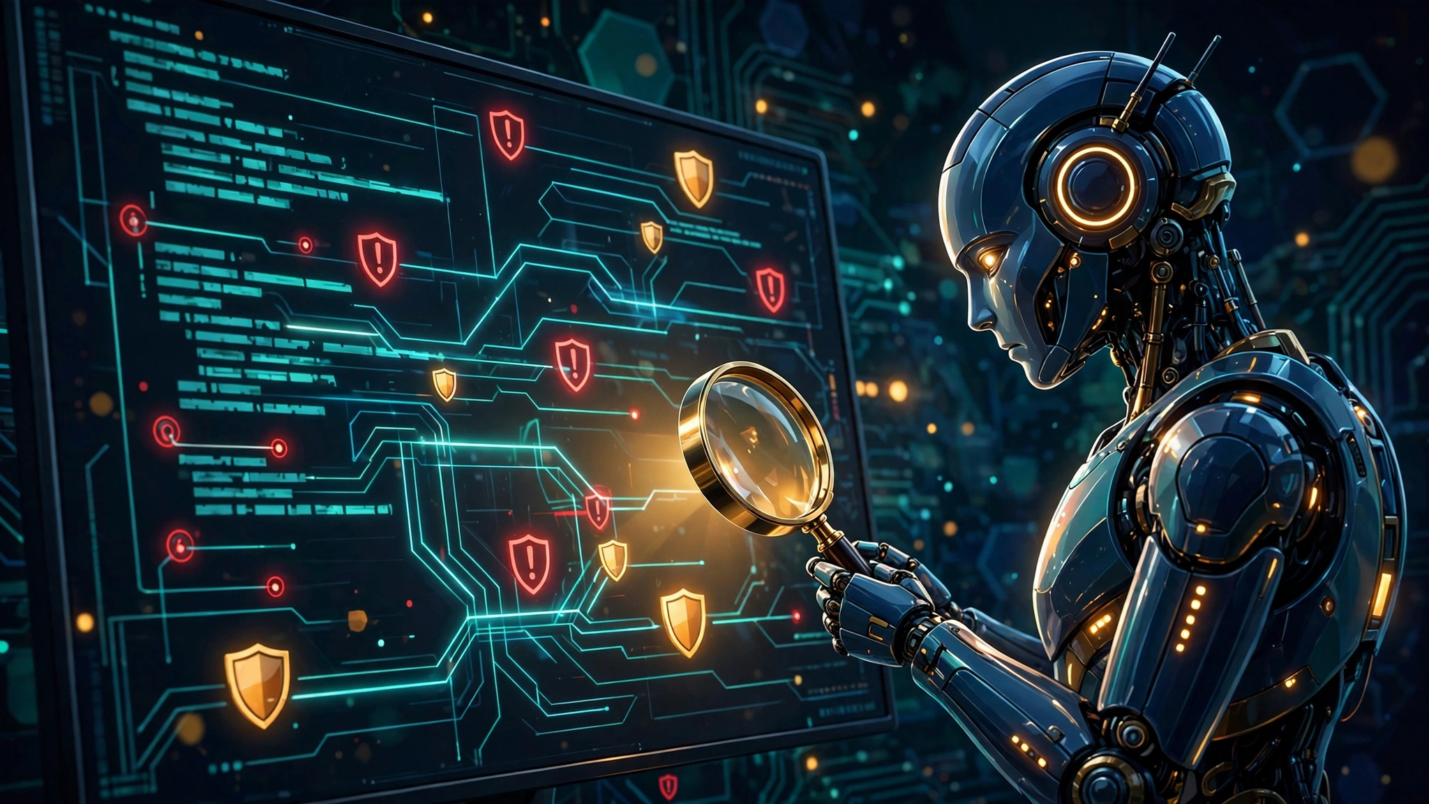 Illustration of a robotic auditor examining source code on a dark screen, with red warning markers flagging vulnerable lines