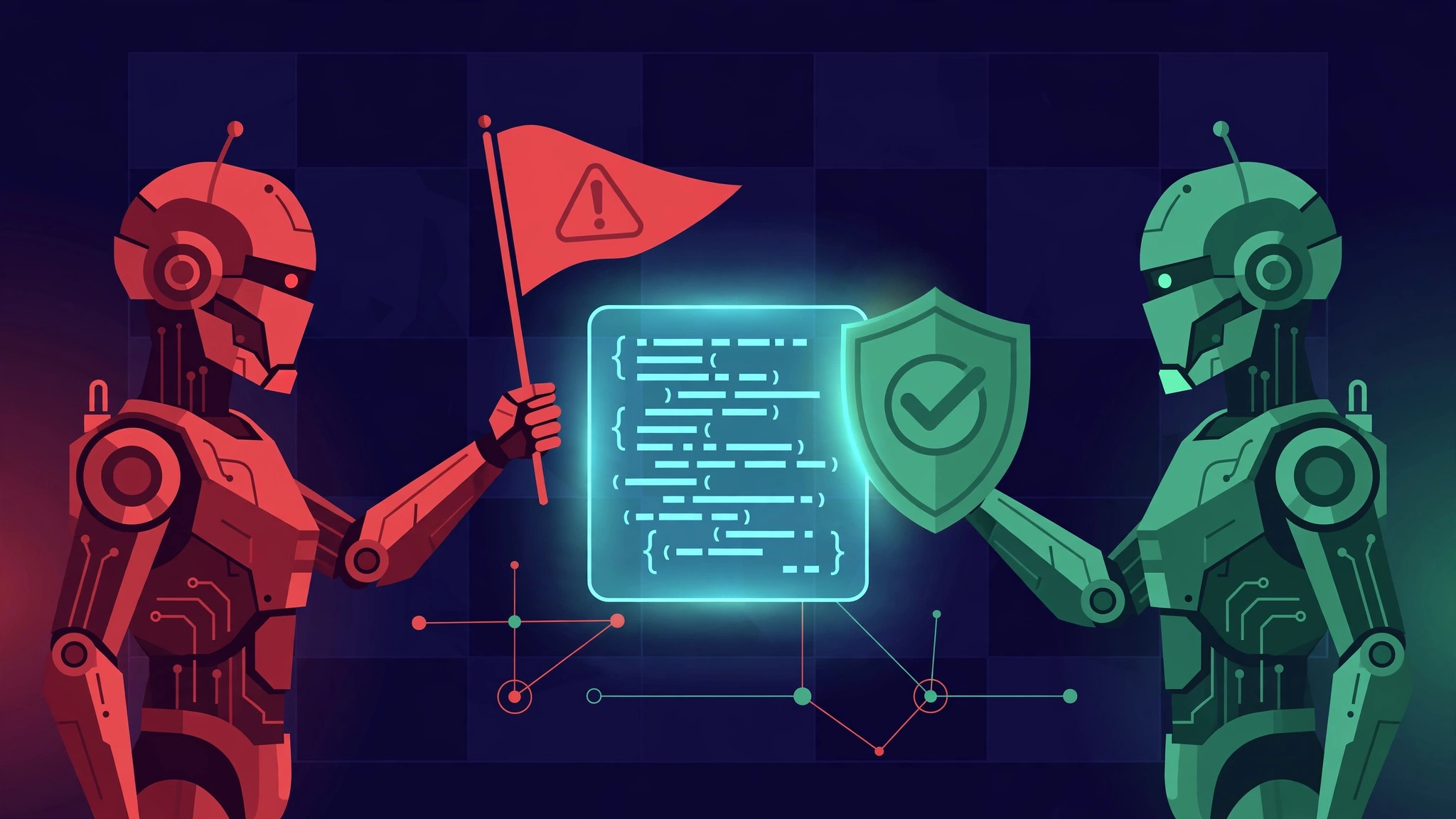 Illustration of two AI agents in adversarial review: a red hunter flagging a vulnerability in a code document while a green verifier checks it with a shield