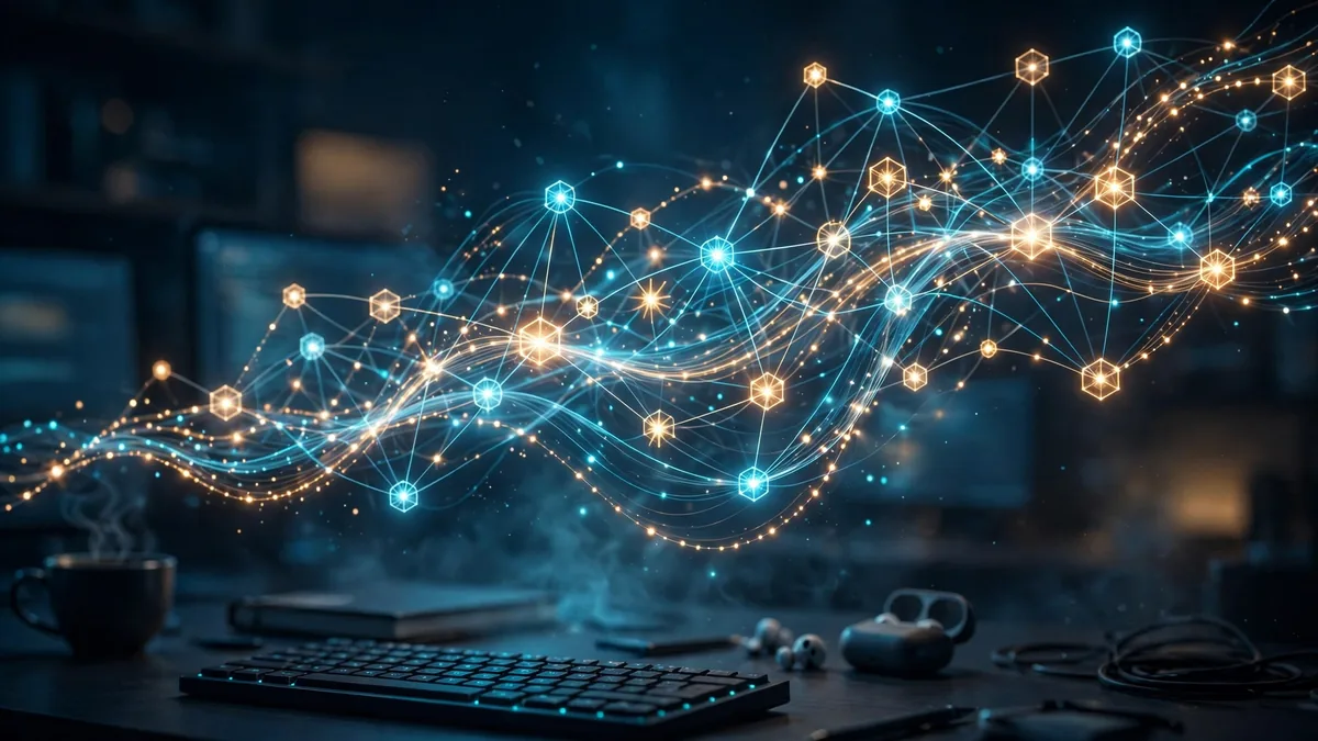 Editorial illustration of a glowing knowledge graph of a codebase over a dark developer workspace