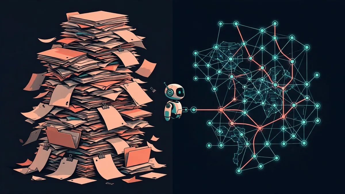 Split illustration: on the left an overflowing stack of code files, on the right the same code as a compact glowing graph with highlighted call paths