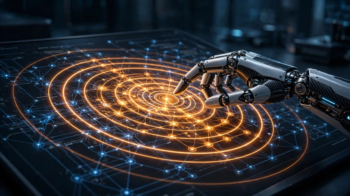 A robotic hand tracing expanding blast-radius rings across a code dependency map