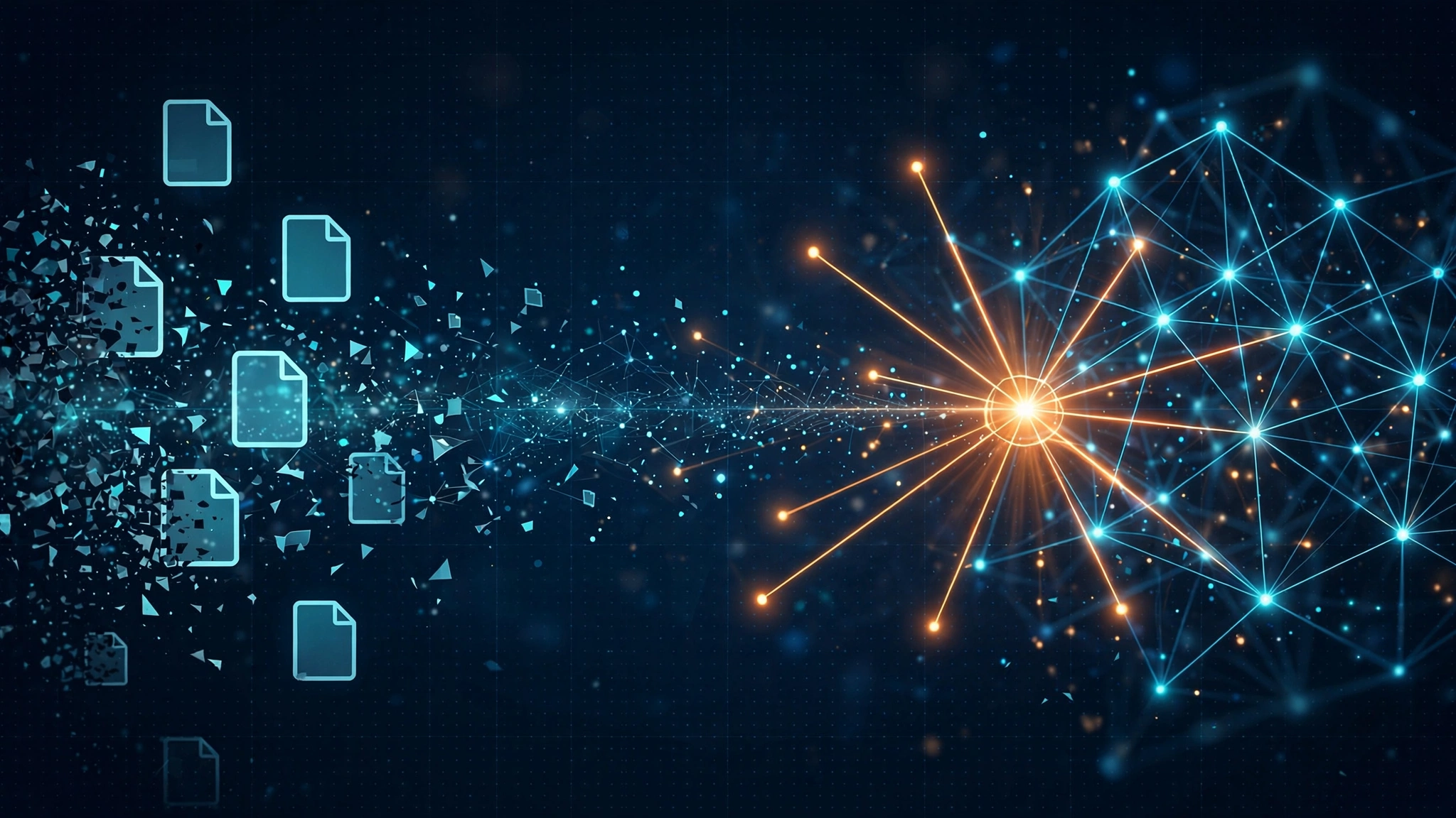 AI-generated editorial illustration: scattered code file icons on the left dissolving into a luminous knowledge graph on the right, one highlighted node radiating call-path lines to its callers and callees, on a deep navy background