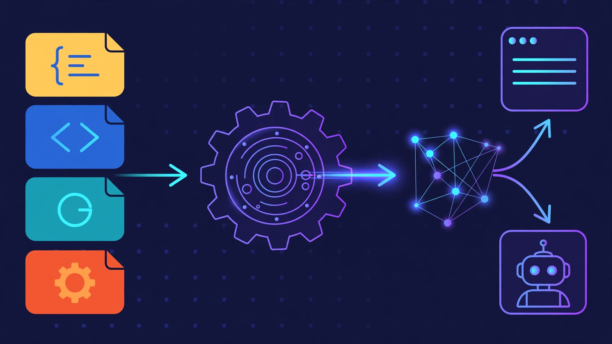 AI-generated architecture diagram: source files in several languages flow into a central engine, which produces a glowing knowledge graph that serves both a terminal CLI and an AI coding agent